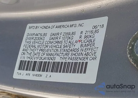 2018 Honda Accord Sport z USA, uszkodzony, nr VIN 1HGCV1F3XJA192420